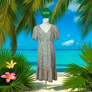 Blumind, Floral Midi Dress, Large, Blue, White, Brown